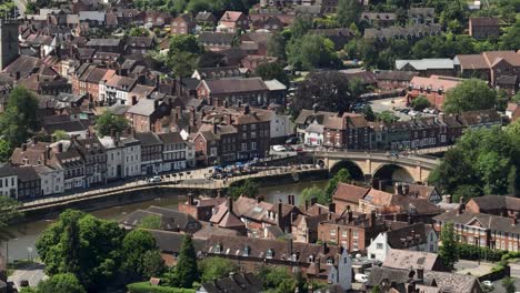 UK-Town-River-Severn-Bewdley-Aerial-Worcestershire-Summer-Slow-Motion