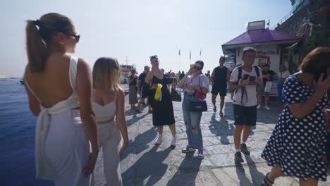 Amalfi-Positano-Italy-Immersive-Travel-Tourism-Mediterranean-Sea-Coast-Water-Europe,-Walking,-4K-|-Social-Media-Influencers-Taking-Photos-Amongst-Crowd