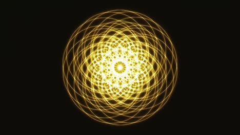 Yellow-Sacred-Geometry-Sphere,-Spinning,-Morphing-Shapes,-Seamless-VJ-Loop,-Black-Background