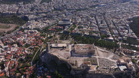 Rising-aerial-shot-of-the-Acropolis-with-central-Athens-below