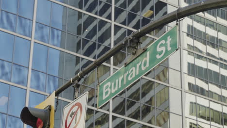 Burrard-Straßenkreuzung-In-Vancouver,-Straßenschild-Mit-Gebäuden-Im-Hintergrund,-Tragbare-Parallaxe