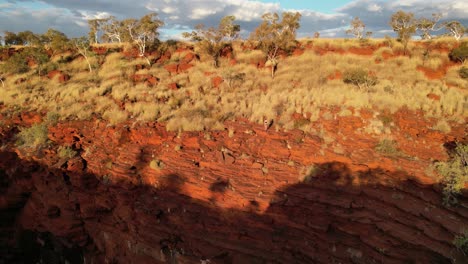 Mujer-Aislada-Caminando-Y-Admirando-El-Panorama-En-El-Borde-Del-Profundo-Desfiladero-De-Joffre-Durante-Una-Aventura-De-Senderismo,-Desierto-De-Australia-Occidental