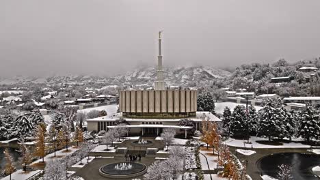 Frontal-orbit-left-to-right-of-snow-covered-Provo-LDS-Mormon-Temple-on-cloudy-grey-day