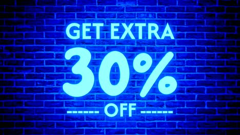 Neon-light-Get-Extra-30-percent-off-text-box-modern-banner-animation-motion-graphics-on-brick-wall-background