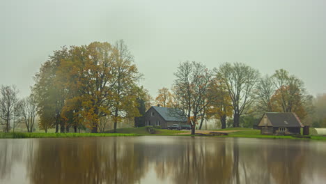 Season-weather-change-transition-time-lapse-summer-winter-of-house-near-tree-and-lake
