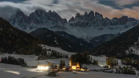 Post-card-first-snow-autumn-winter-fresh-snowfall-cinematic-Timelapse-star-clouds-Val-di-Funes-Dolomites-northern-Italy-St-Santa-Magdalena-Maddalena-Johann-Chapel-Church-Italia-Bozen-Bolzano-province