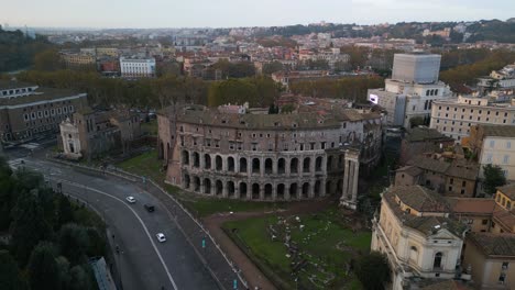 Cinematic-Establishing-Drone-Shot-Above-Theatre-of-Marcellus,-Rome,-Italy