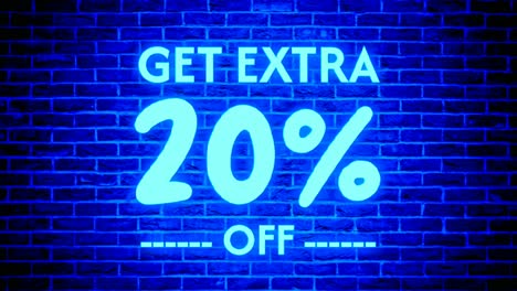 Neon-light-Get-Extra-20-percent-off-text-box-modern-banner-animation-motion-graphics-on-brick-wall-background