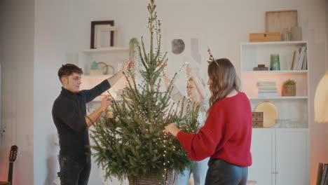 Hombre-Y-Mujer-Decorando-El-árbol-De-Navidad-Con-Luces