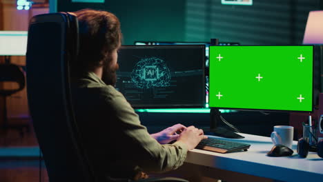 AI-becoming-sentient,-asking-existential-questions,-green-screen-computer