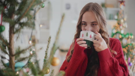 Beautiful-young-woman-drinking-coffee-near-Christmas-tree-at-home