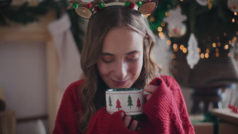 Glückliche-Frau,-Die-Zu-Weihnachten-Zu-Hause-Frischen-Kaffee-Riecht