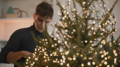 Mann-Mit-LED-Lichtern-Schmückt-Den-Weihnachtsbaum