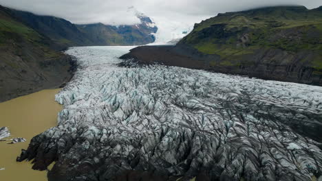 Svinafellsjokull-glacier-in-Iceland,-unique-ice-formations,-aerial-view