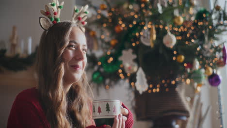 Fröhliche-Frau,-Die-Zu-Weihnachten-Zu-Hause-Frischen-Kaffee-Riecht
