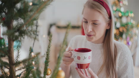 Glückliche-Schöne-Junge-Frau,-Die-Zu-Hause-Kaffee-In-Der-Nähe-Des-Weihnachtsbaums-Nippt
