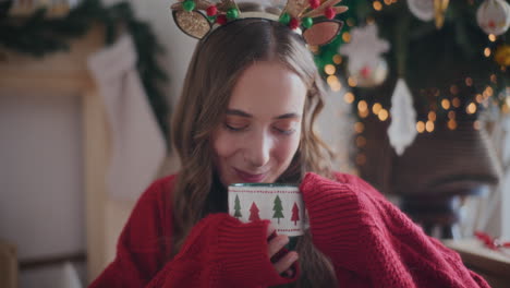 Schöne-Frau-Lächelt,-Während-Sie-Zu-Weihnachten-Zu-Hause-Frischen-Kaffee-Riecht