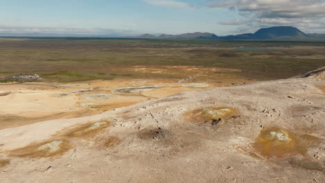 Geothermal-fields-near-yellow-rhyolite-mountain,-volcanic-landscape,-aerial-view