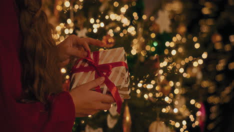 Frau-Mit-Geschenkbox-Steht-Am-Weihnachtsbaum