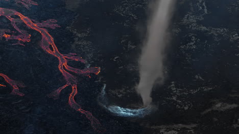 Area-near-an-active-volcano,-hot-lava,-pyroclastic-flows,-lahars,-aerial-view