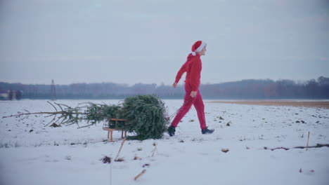 Cheerful-man-pulling-Christmas-tree-on-snow-covered-landscape