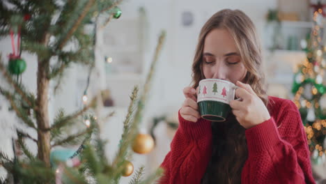 Glückliche-Frau-Trinkt-Kaffee,-Während-Sie-Den-Geschmückten-Weihnachtsbaum-Betrachtet