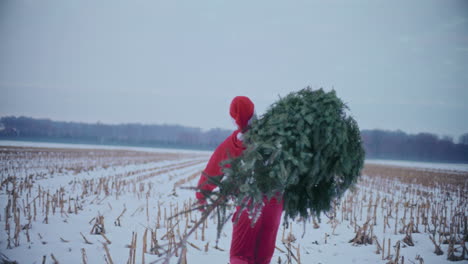 Man-in-Santa-hat-carrying-Christmas-tree-on-shoulder-during-winter