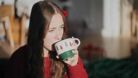 Schöne-Frau-Nickt-Mit-Dem-Kopf,-Während-Sie-Zu-Weihnachten-Im-Hellen-Zuhause-Kaffee-Trinkt