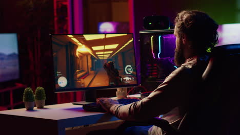 Gamer-battling-flying-robots-in-online-singleplayer-shooter-from-neon-lights-ornate-home
