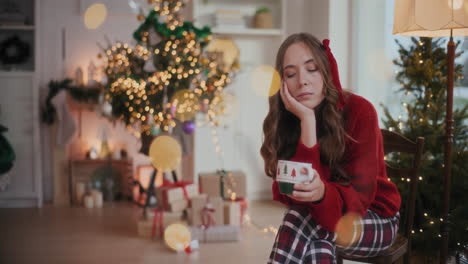 Sad-woman-holding-coffee-cup-on-chair-at-home-during-Christmas