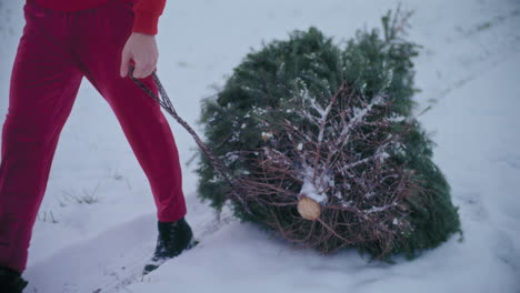 Hombre-Tirando-Del-árbol-De-Navidad-En-El-Paisaje-Cubierto-De-Nieve.
