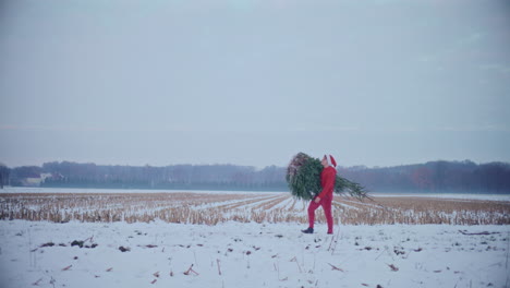 Hombre-Llevando-Un-árbol-De-Navidad-Mientras-Caminaba-Sobre-Un-Paisaje-Cubierto-De-Nieve.
