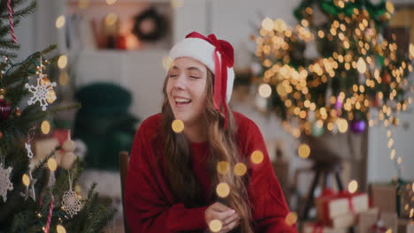 Mujer-Feliz-Con-Sombrero-De-Papá-Noel-Lanzando-Una-Caja-De-Regalo-En-Una-Casa-Decorada