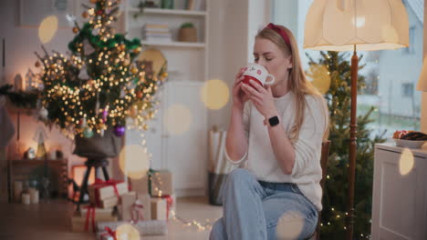 Beautiful-woman-drinking-coffee-on-chair-at-home-during-Christmas