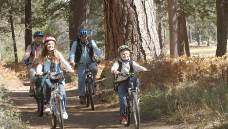 Grandparents-and-kids-riding-bikes-in-forest,-front-view