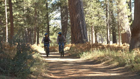 Handheld-shot-of-couple-riding-bikes-on-a-forest-trail