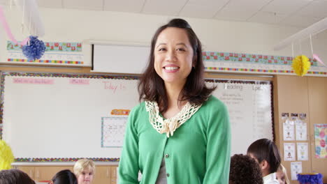 Tilt-shot-of-female-Asian-school-teacher-in-front-of-class