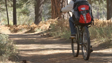 Grandparents-and-kids-cycling-on-forest-trail,-slow-motion