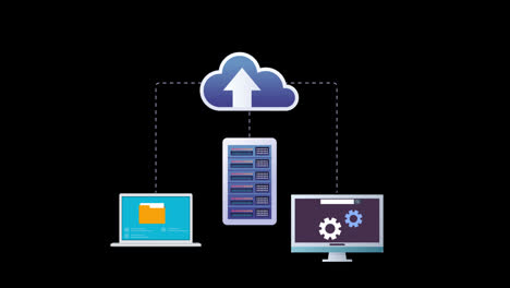 cloud-computing-upload-data-to-cloud-security,-computer-laptop-smart-phone-server-loop-animation-with-Alpha-Channel.