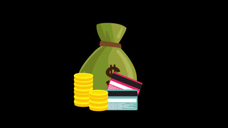 Money-bag,-dollar-coins-and-banknotes-saving-concept-animation-with-Alpha-Channel.