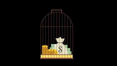 Money-Dollar-sack-in-a-locked-cage.-Income,-savings,-and-investment.-Symbol-of-wealth-animation-with-Alpha-Channel.