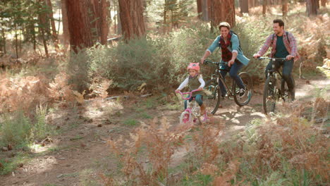 Proud-male-parents-and-young-daughter-cycle-past-in-forest