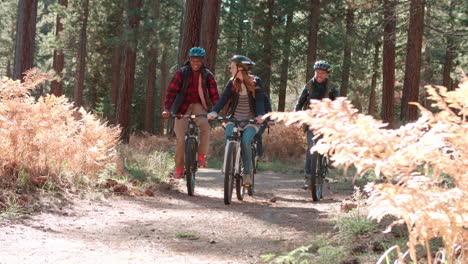 Group-of-friends-cycling-past-in-a-forest