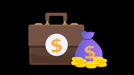 Money-bag,-dollar-coins-and-banknotes-saving-concept-animation-with-Alpha-Channel.