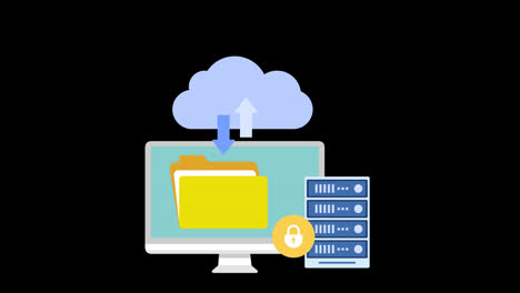 Cloud-Computing-Lädt-Daten-In-Die-Cloud-Sicherheit-Hoch,-Computer-Laptop-Smartphone-Server-Loop-Animation-Mit-Alphakanal.