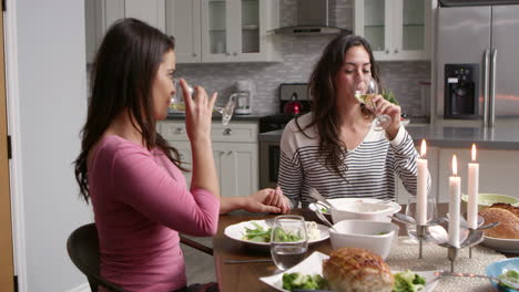 Female-gay-couple-make-a-toast-at-dinner-in-their-kitchen,-shot-on-R3D