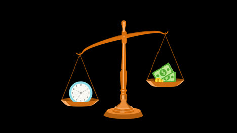 Eine-Skala,-Die-Zwischen-Zeit-Und-Geld-Balanciert.-Zeit-Ist-Geld-Konzept.-Zeit-gleiches-Geld-Animation-Mit-Alphakanal.