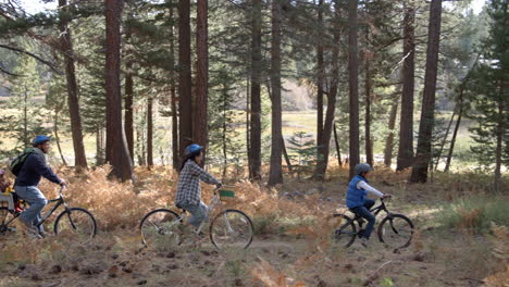 Family-cycling-through-a-forest-together,-left-to-right-pan