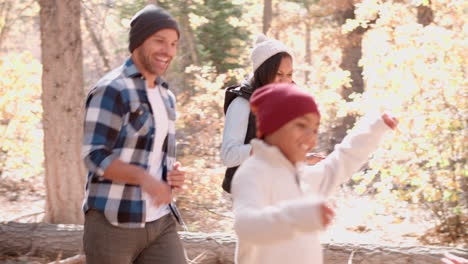 Energetic-family-running-in-forest,-side-view-close-up