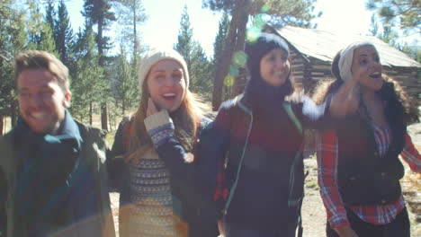 Excited-friends-hiking-past-a-cabin-in-a-forest,-close-up,-shot-on-R3D